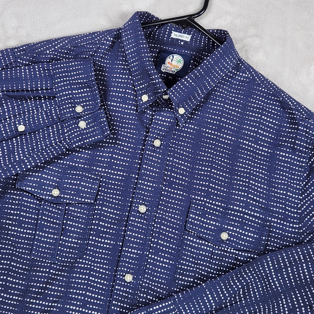Reyn Spooner Shirt Mens XL Blue Dot Print Tailored Fit Long Sleeve Button Up